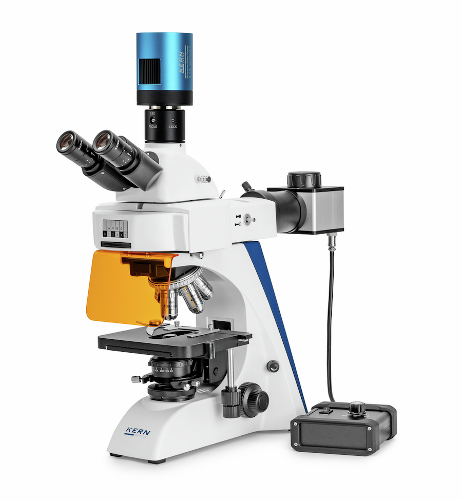 Fluorescence microscope with digital camera, orange filter, and LED control unit.