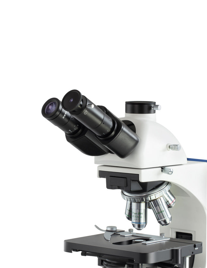 Phase Contrast Microscope with four objective lenses, mechanical stage, and eyepiece viewing system