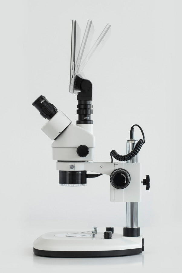 Stereo microscope with side-mounted LCD screen in tilted position.