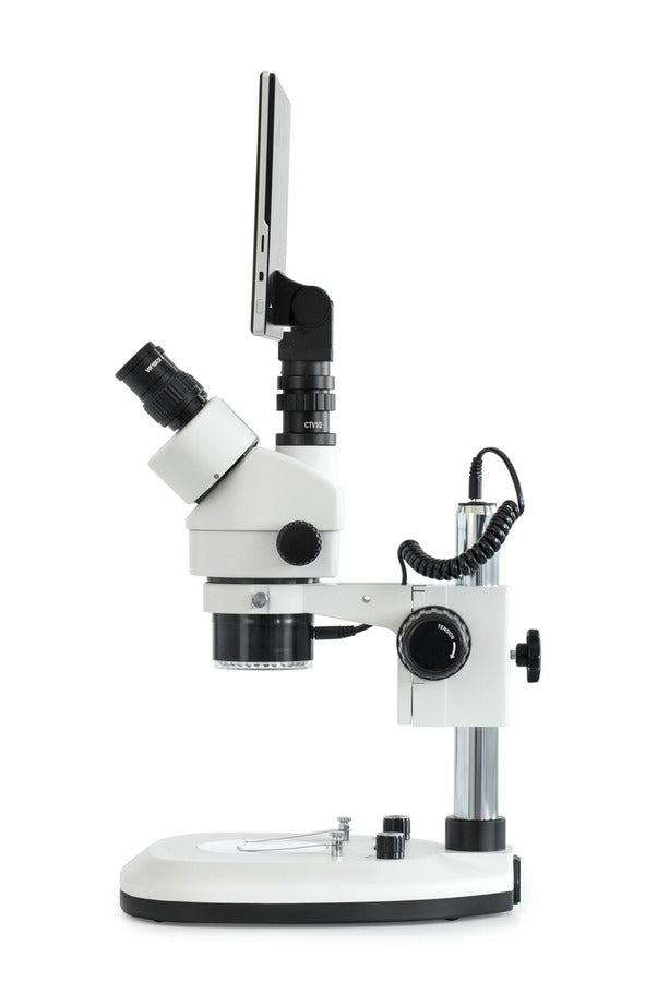 Stereo microscope with LCD screen mounted vertically on top.