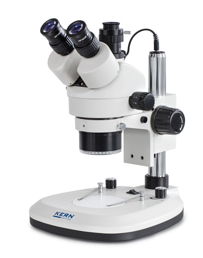 Angled view of a stereo microscope with LED ring light and binocular eyepieces.