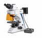 fluorescence microscope with binocular eyepieces, orange filter, and external light source