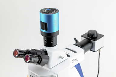 microscope with a blue digital camera mounted on top for image capture.