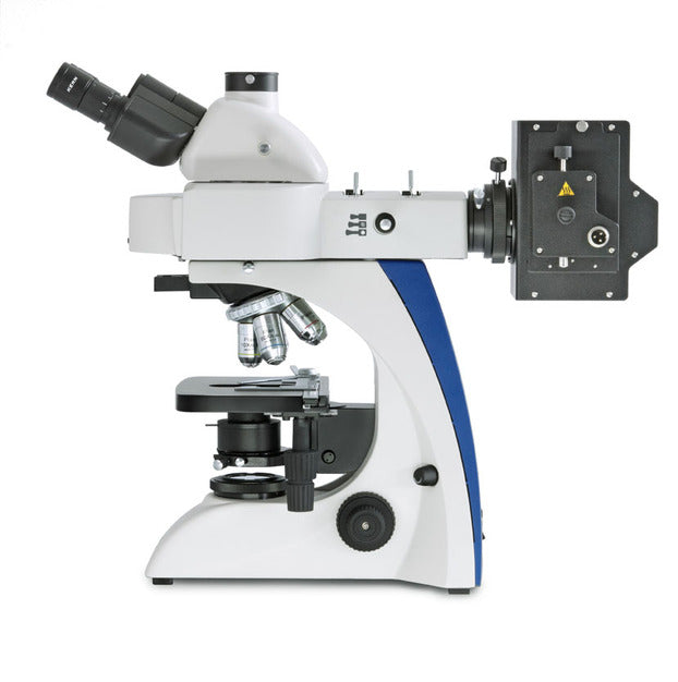 Side view of compound microscope with fluorescence attachment