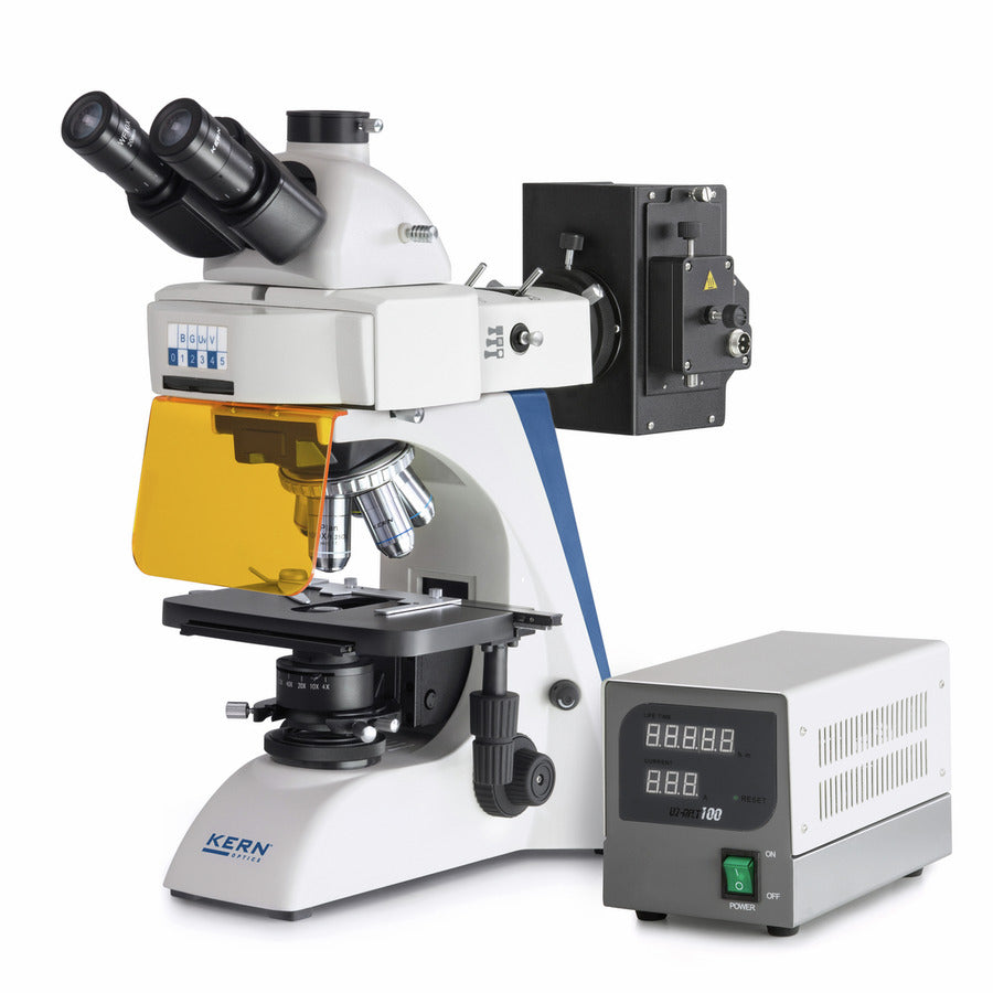 Fluorescence microscope with binocular eyepieces, filter shield, and control unit