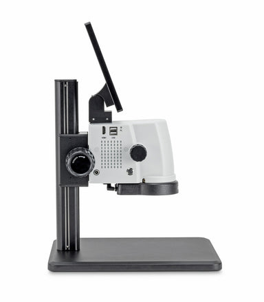 Side view of digital microscope with adjustable focus knobs and screen tilted up