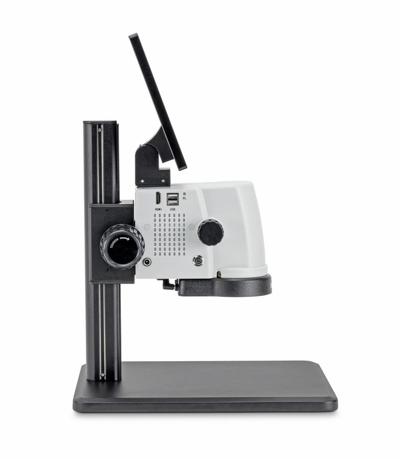 Side view of digital microscope with adjustable focus knobs and screen tilted up