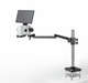 Digital video microscope mounted on a double-arm boom stand with an HD display screen.