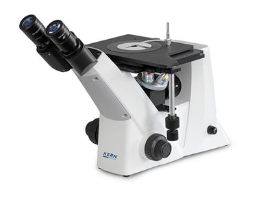 Front view of Kern OLM-170 inverted microscope with binocular eyepieces and mechanical stage.