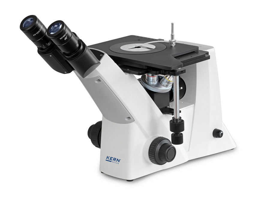 Front view of Kern OLM-170 inverted microscope with binocular eyepieces and mechanical stage.