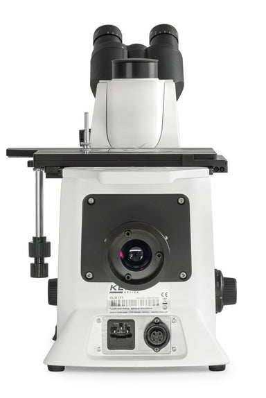 Rear view of inverted microscope showing ports and connections