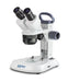 White stereo microscope with eyepieces, focusing knobs, and a flat base.