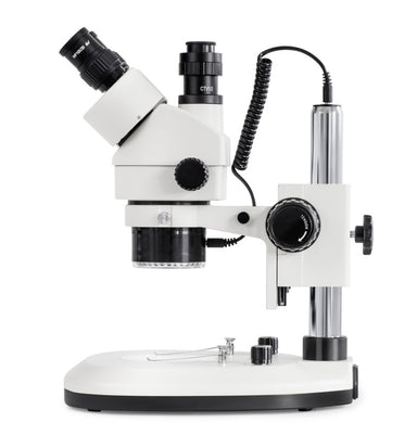 Side view of a stereo microscope with LED lighting and adjustable stand.