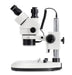 Side view of a stereo microscope with LED lighting and adjustable stand.