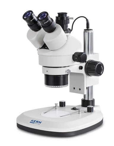 Angled view of a stereo microscope with LED ring light and binocular eyepieces.