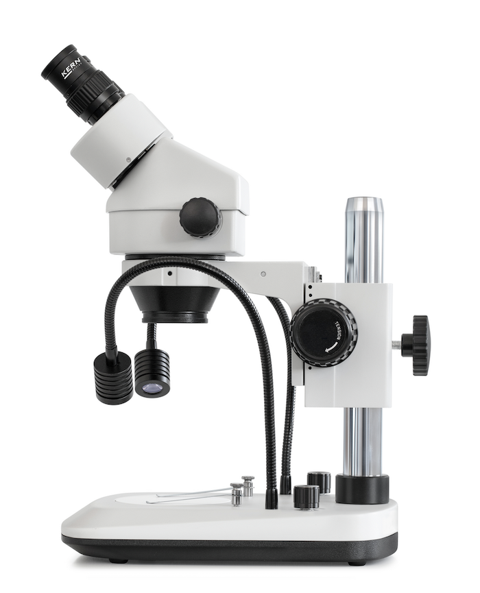 stereo zoom microscope with dual LED light guides side view
